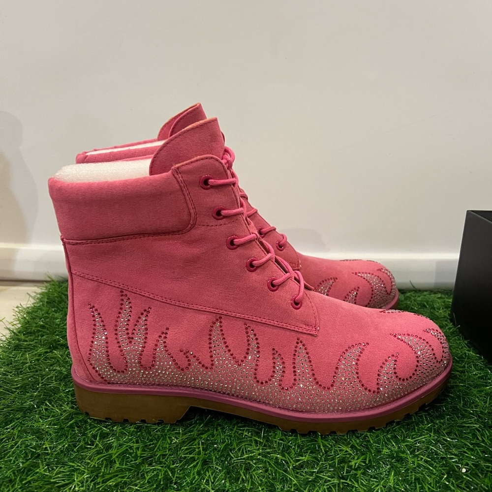 NEW In Original Box Cape Robbin Pink Lace Up Boots with Flame Design